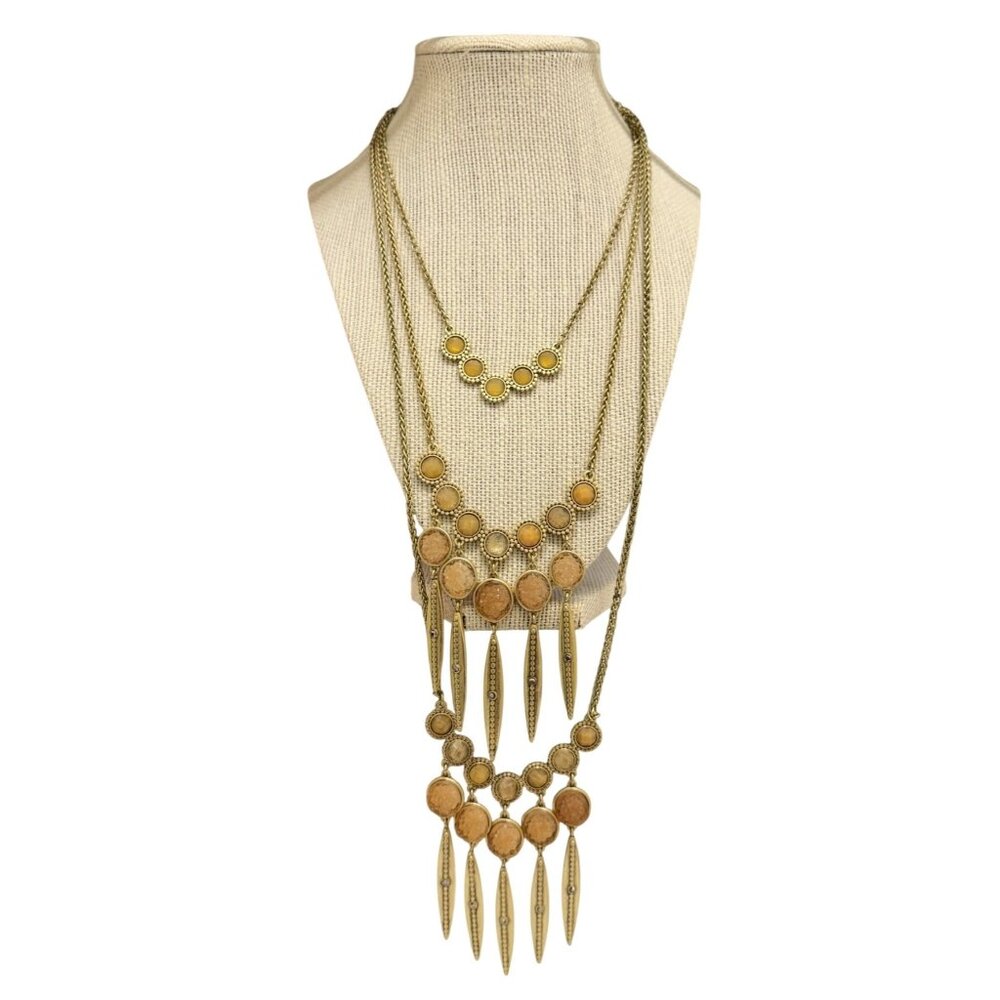 Lucky Brand brass-tone 3-tier necklace featuring pendants crystal rock accents